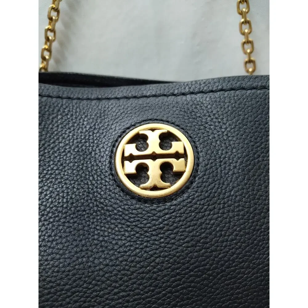 Tory Burch Black Pebbled Leather Chain Double Handles Tote Bag